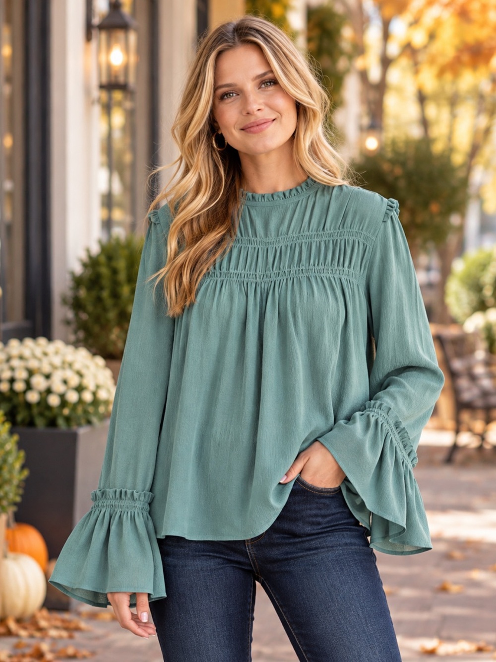 New Easel Sage Green Merrow Ruffle Bell Sleeve Blouse NWT
